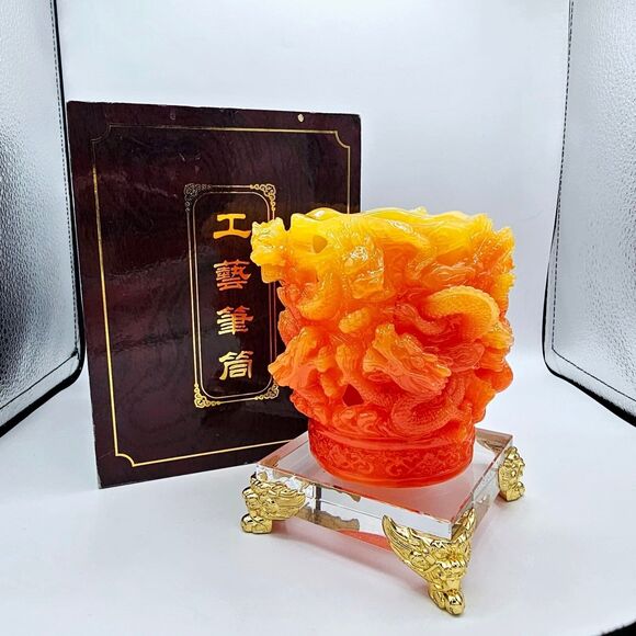 Dragon Decor Pencil Holder Vtg Chinese Stone Carving Desk Gift Year of Dragon - Picture 7 of 12